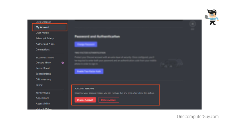 Discord disable account option