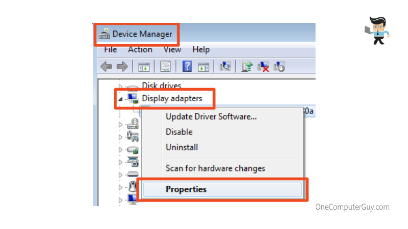 Properties of a display adapter to revert your video card driver