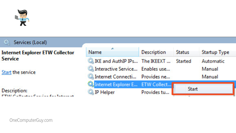 Start internet explorer etw collector service