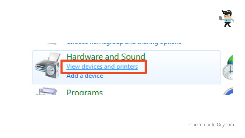 View devices and printers option