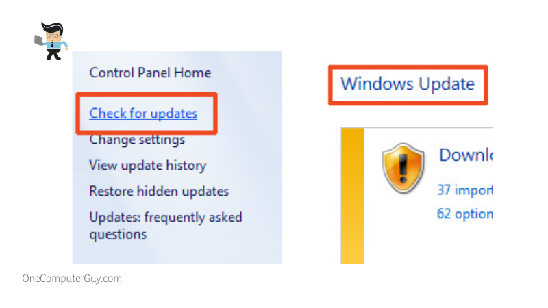 Check for updates button to update windows os