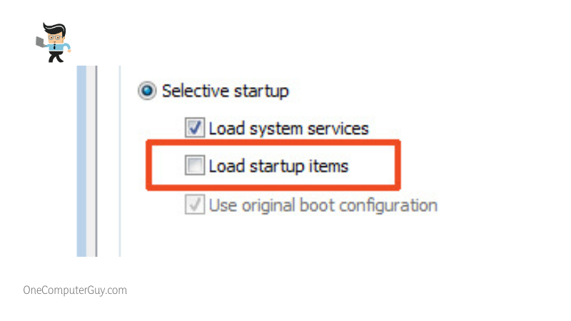 Clear the checkbox next to load startup items