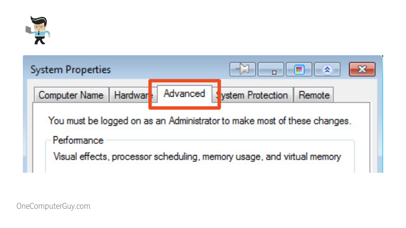 Advanced tab in advanced system settings