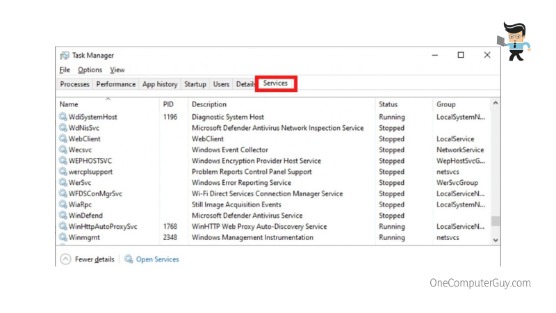 Windows services listed in task manager