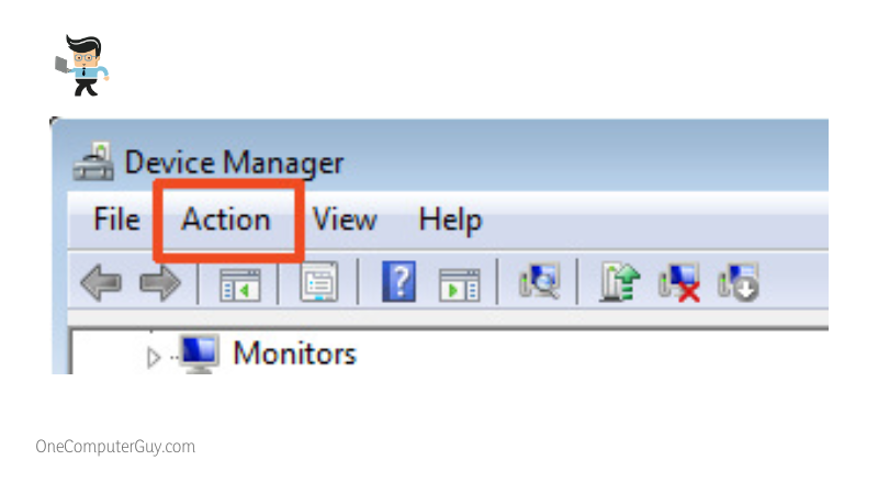 Action option at the top of the device manager