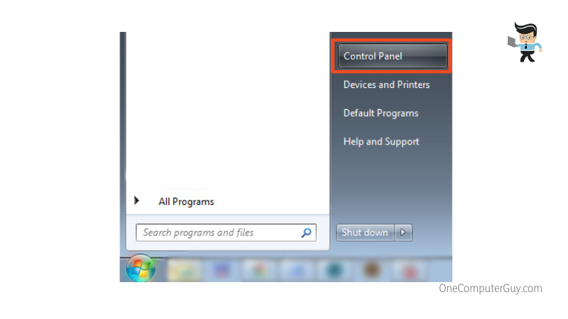 Control panel option in the start menu