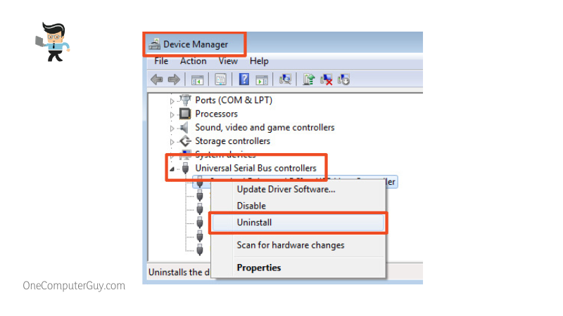 Uninstall universal serial bus controller